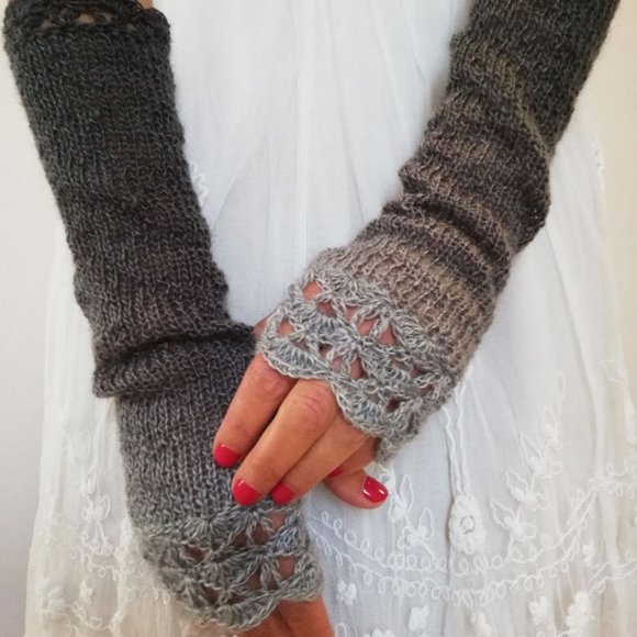 Midnight Shadows Handmade Knit Fingerless Long Gloves Ombre Grey to Black - Picture 4 of 7